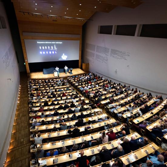 Foredrag i auditorium fyldt med tilhørere