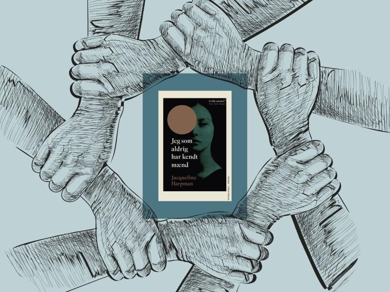 Forsiden af "Jeg som aldrig har kendt mænd" på en baggrund med låste arme som symbol på fællesskab.
