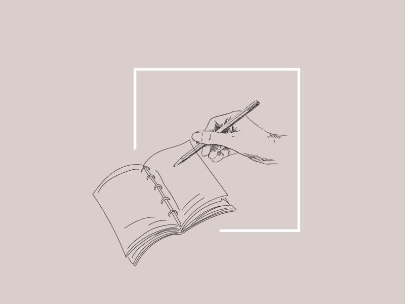 Skitsetegning af dagbog og hånd med kuglepen