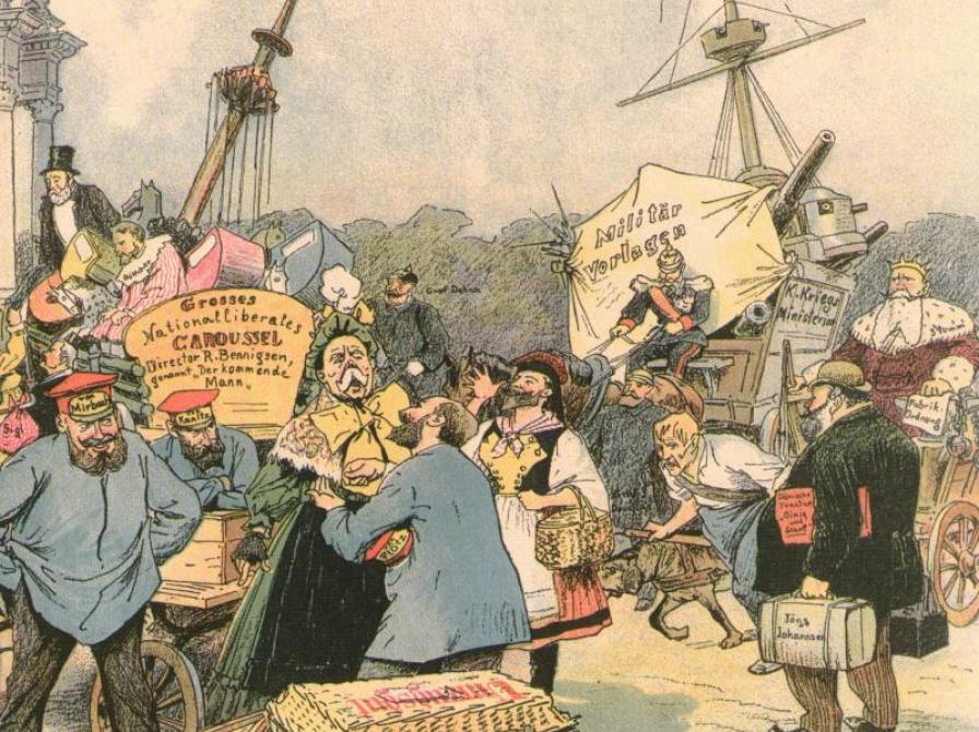 Karrikatur, som viser Gustav Johannsens ankomst til rigsdagen i Berlin 1894. Det var her han arbejdede for en byttehandel.