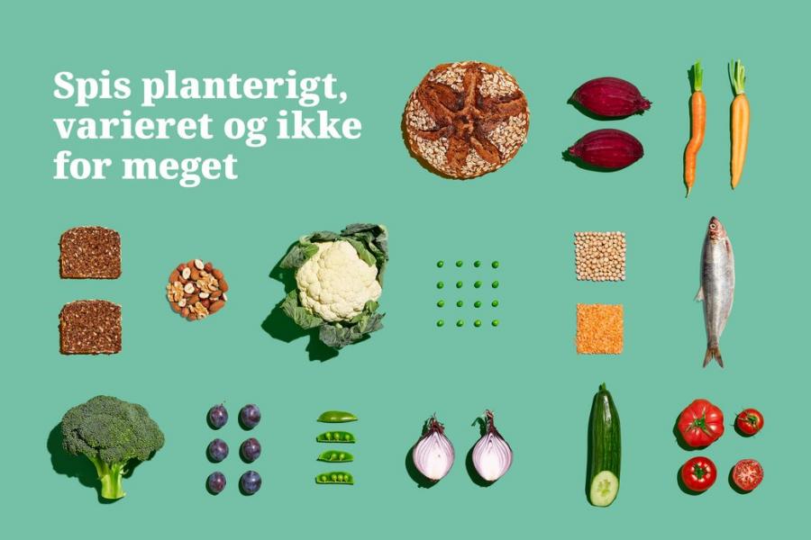 Grøn plakat med sunde fødevarer "Spis planterigt, varieret og ikke for meget"
