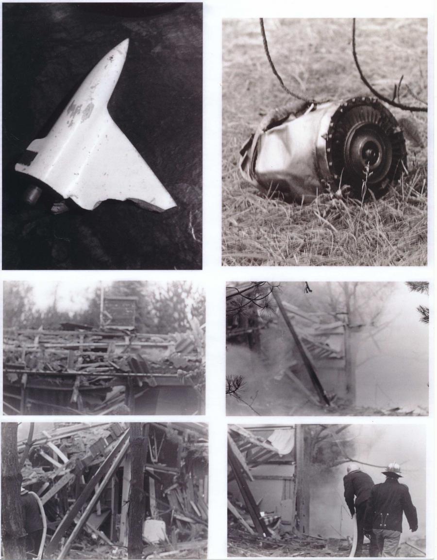 Diverse billeder af rester af missil og skader på sommerhus forårsaget af "Hovsamissilet" fotograferet kort efter nedslaget ved Lumsås Sønderstrand.
