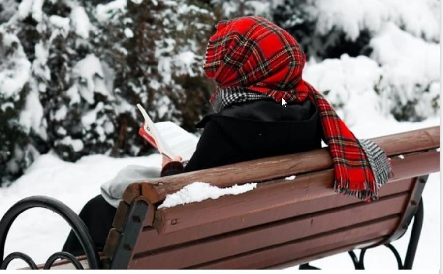 Et menneske læser udenfor i sneen